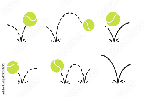 Tennis balls bouncing on grass in a simple animation depicting movement and play
