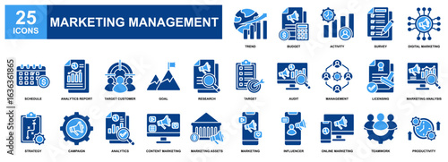 Marketing Management icon set collection. Containing design Trend, Productivity, Investment, Digital Marketing, Licensing, Goal