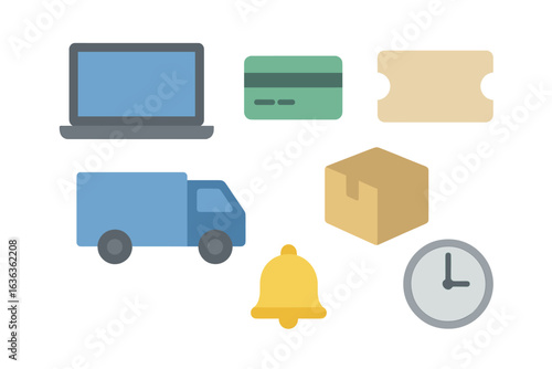 Various online shopping and delivery elements depicting modern consumer experience with payment and tracking features