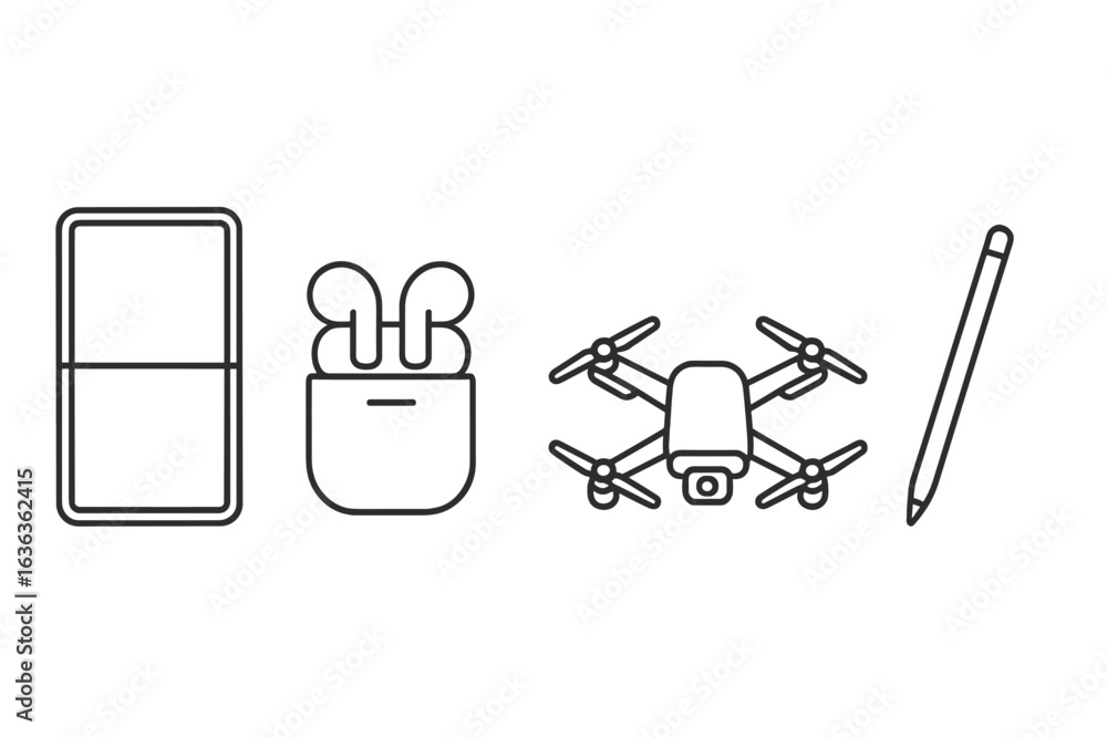 Fototapeta premium Modern technology essentials include wireless earbuds, a drone, and a notepad for efficient productivity and creativity