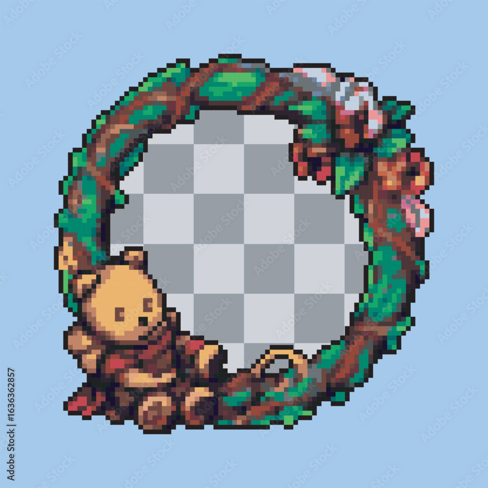 Fototapeta premium floral circular frame with bear doll in pixel art style