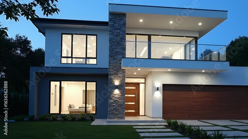 Wallpaper Mural Modern Luxury Home Exterior at Dusk - Stunning Contemporary Architecture with Stone Facade and Elegant Landscape Lighting Design Torontodigital.ca