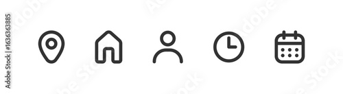 Location, address, people, time, date icon set. Event symbols. Business meeting.