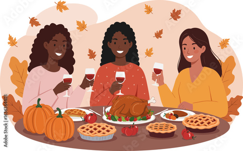 Diverse three people enjoy a festive Friendssgiving meal, complete with wine, roasted turkey, and pies.