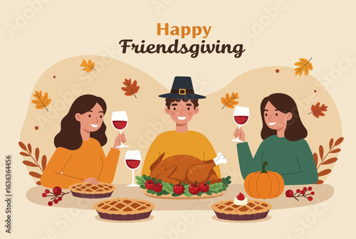 Diverse three people enjoy a festive Friendssgiving meal, complete with wine, roasted turkey, and pies.