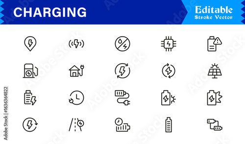 Vector Icon of Collection Representing Charging, Power, and Energy Transfer for Modern Interfaces.