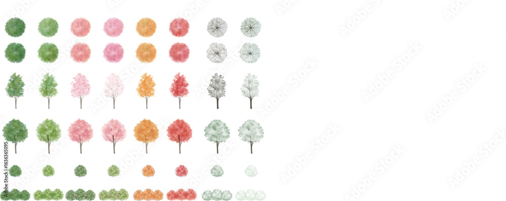 Φωτογραφία 水彩 Trees & Bushes 四季イラストセット – 平面図・立面図・断面図用 添景シンボル ベクター