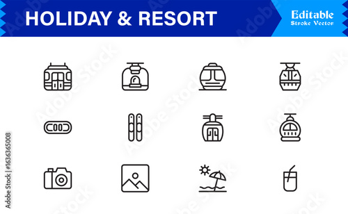 Holiday Resort Travel Line Icon Set – Modern Minimal Professional Vector Symbols for Vacation Tourism Leisure