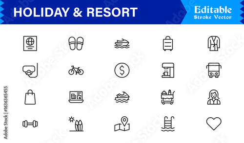 Holiday Resort Travel Line Icon Set – Modern Minimal Professional Vector Symbols for Vacation Tourism Leisure