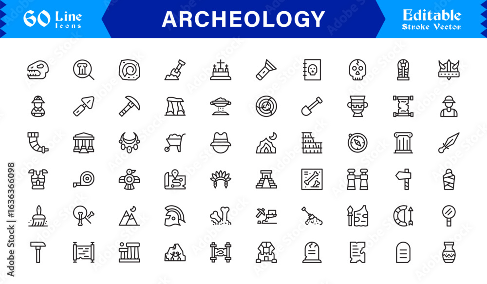 Αυτοκόλλητο Archeology line icon set featuring pixel-perfect, editable icons in a clean, modern, and minimal style
