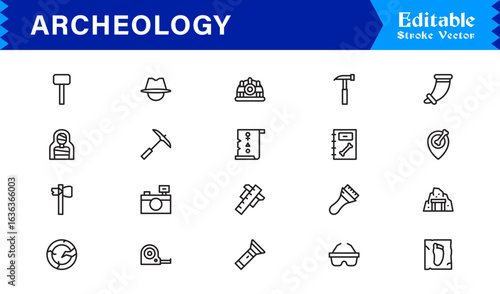 Archeology line icon set featuring pixel-perfect, editable icons in a clean, modern, and minimal style. Perfect for historical, excavation, and museum themes.