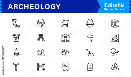 Archeology line icon set featuring pixel-perfect, editable icons in a clean, modern, and minimal style. Perfect for historical, excavation, and museum themes.