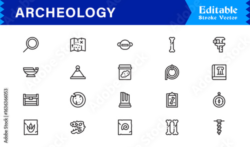 Archeology line icon set featuring pixel-perfect, editable icons in a clean, modern, and minimal style. Perfect for historical, excavation, and museum themes.