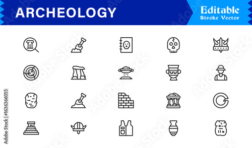 Archeology line icon set featuring pixel-perfect, editable icons in a clean, modern, and minimal style. Perfect for historical, excavation, and museum themes.