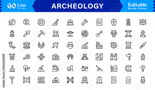 Archeology line icon set featuring pixel-perfect, editable icons in a clean, modern, and minimal style. Perfect for historical, excavation, and museum themes.