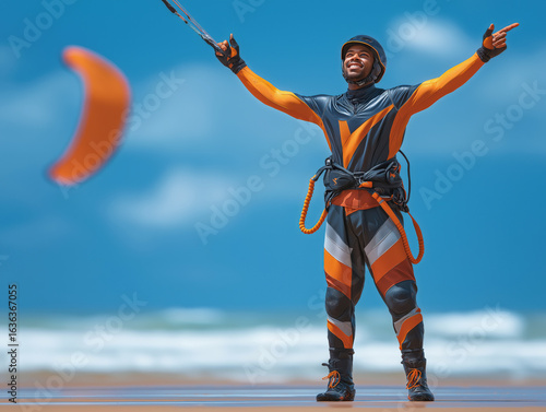 African American man in vibrant kitesurfing gear stands on sandy beach, holding kite lines, with bright orange kite soaring in the sky, showcasing excitement and adventure in water sports