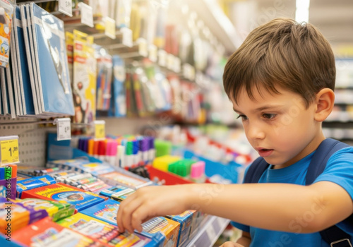Young boy shopping for colorful school supplies, choosing crayons and markers in store aisle, focused and curious expression
