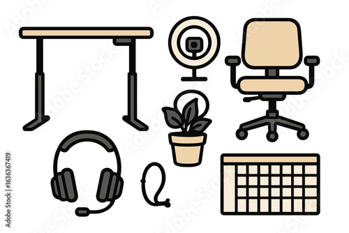 Workspace setup featuring a desk, chair, headset, keyboard, plant, and webcam for productive remote work