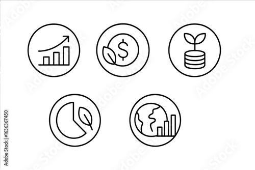 Set of simple icons illustrating growth, finance, sustainability, and global awareness in a modern design