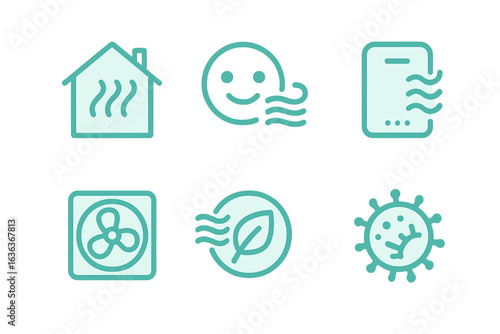 Home heating and air circulation icons depicting comfort and health in indoor environments