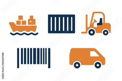 Shipping and logistics icons representing maritime transport, storage, equipment, and delivery services