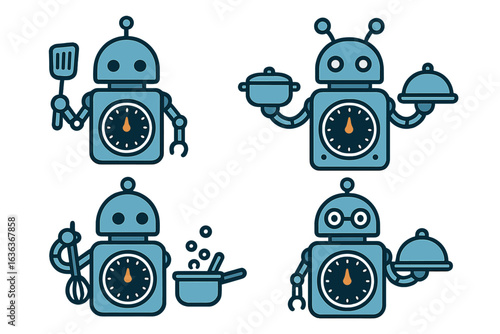 Cute robots engaging in various cooking activities in a whimsical kitchen setting during daytime