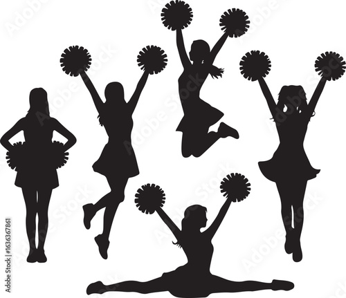 Diverse Cheerleader Poses Silhouette with Pom Poms on White Background Keywords: cheerleading