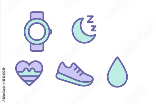 Colorful wellness icons representing fitness, sleep, hydration, and health tracking in a modern design