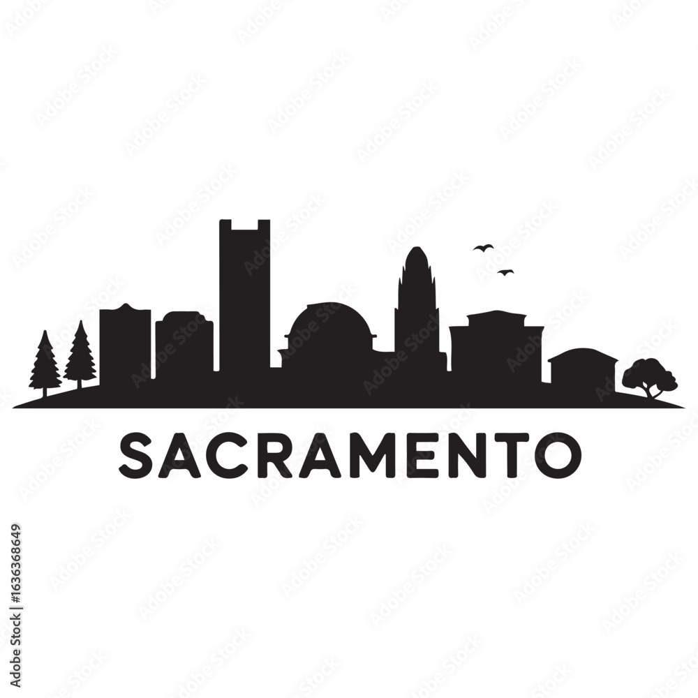 Fototapeta premium Sacramento skyline silhouette. Landscape Sacramento, California. Vector illustration. Vector black silhouette. with white background.