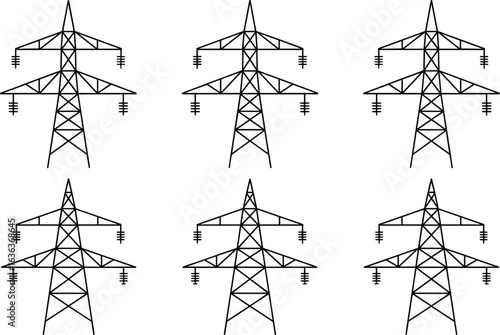 High voltage transmission towers, electrical power pylons, energy infrastructure, electricity distribution, industrial engineering, power grid network, utility poles, symmetrical structure,