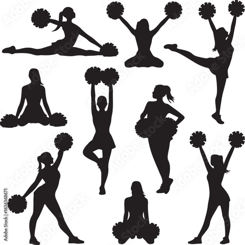 Eight Cheerleader Silhouettes in Various Poses with Pom Poms cheerleading