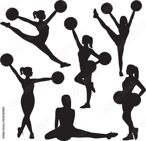 Six Cheerleader Silhouettes Posing with Pom Poms on White Background cheerleading