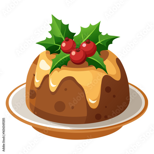 Classic British Christmas Pudding with Holly on White Plate Vector Illustration