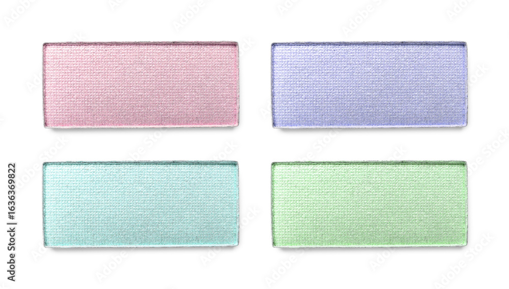Fototapeta premium Different eyeshadow in refill pans on white background, set. Palette of shades