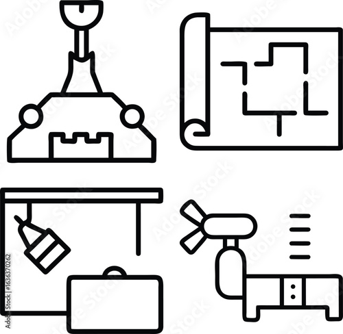 A collection of four line art icons representing home renovation and interior design elements, including a chandelier, blueprint, desk with lamp, and fan.