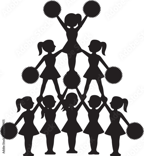Silhouette cheerleaders forming a pyramid with pom poms on white background cheerleading team
