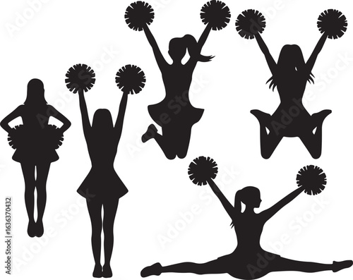 Six Cheerleaders Silhouettes in Action Poses with Pom Poms Keywords: cheerleader, cheerleading