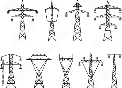 High voltage transmission towers, power line structures, electrical grid infrastructure, energy distribution system, utility poles, industrial design, engineering illustration, electricity pylons