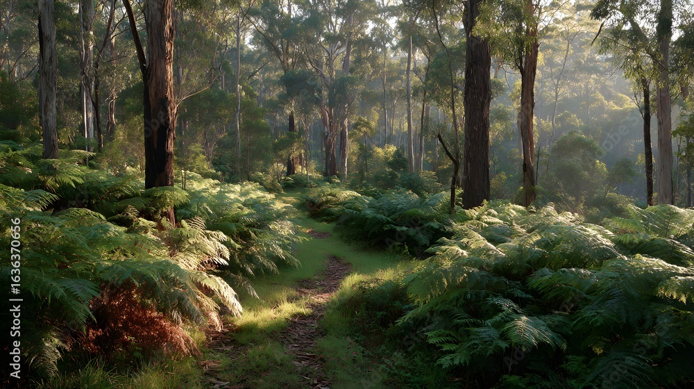 Obraz premium Sunlight filtering through a fern-filled forest path.