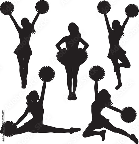 Five Cheerleaders Silhouettes with Pom Poms and Tutu Skirts Keywords: cheerleader, cheerleading