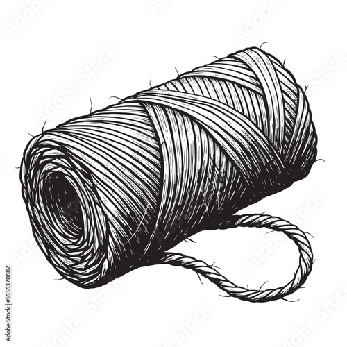 Detailed black and white drawing of a spool of twine isolated on a white background