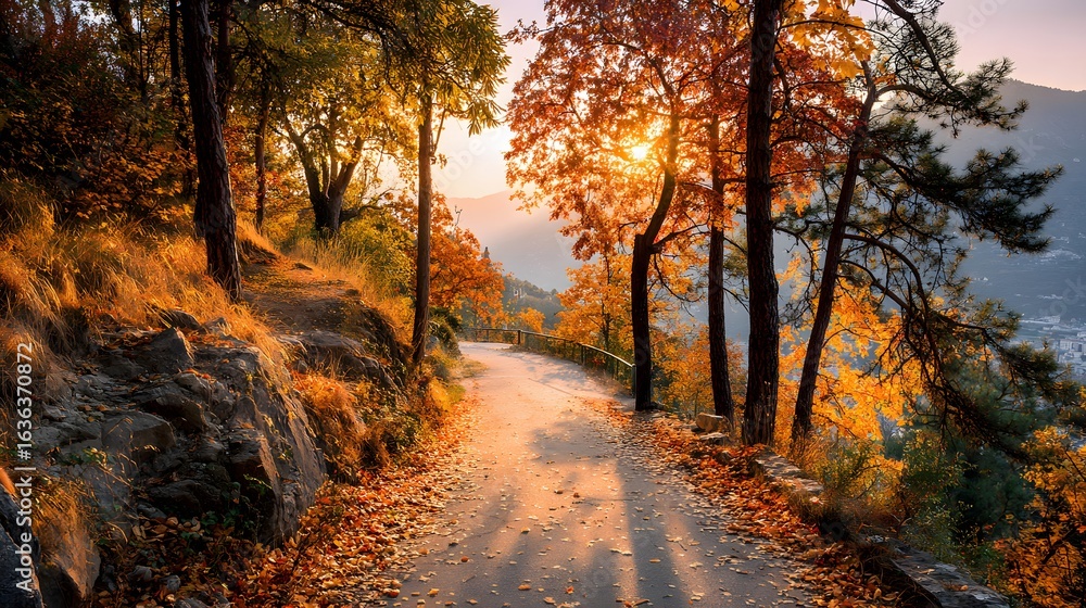 Obraz premium Winding road through autumnal forest at sunrise.