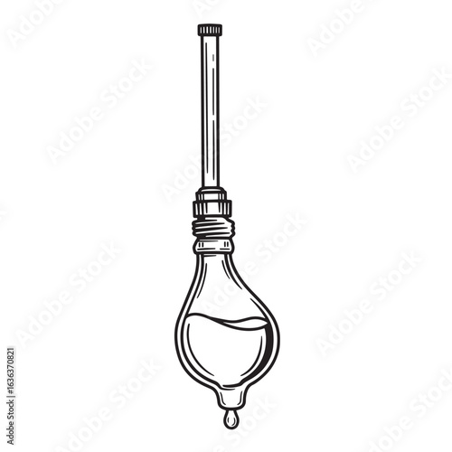 Detailed black and white hand drawn illustration of a classic medical infusion bottle