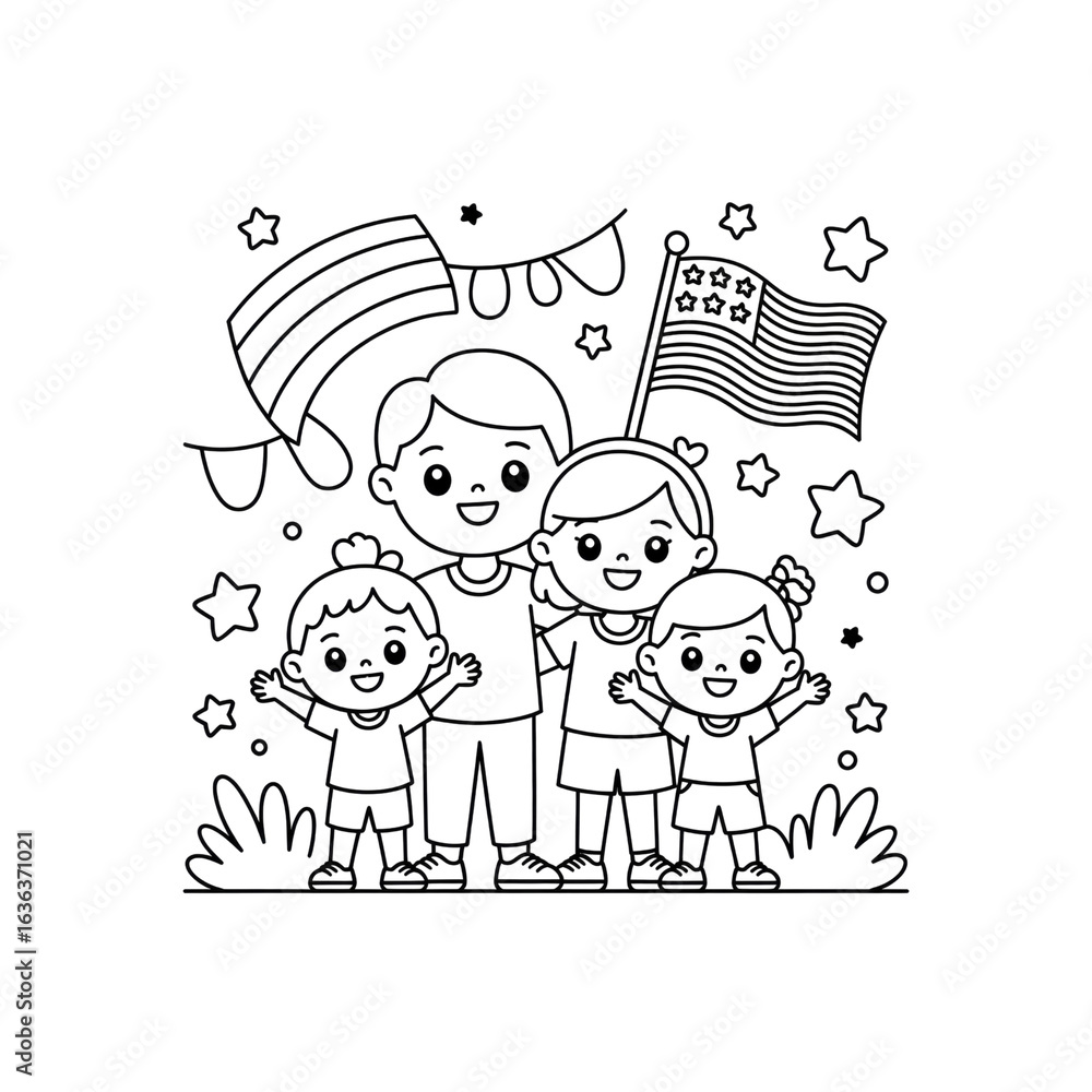 Fototapeta premium Happy Family Celebrating Independence Day Line Art Illustration