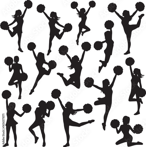 Diverse Cheerleader Silhouettes in Active Poses with Pom- Poms cheerleading female