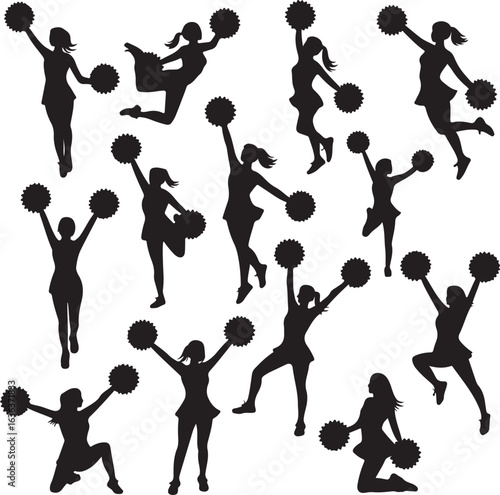 Eleven Silhouette Cheerleaders with Pom Poms in Dynamic Poses cheerleading