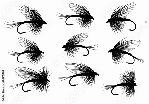 A collection of black silhouette dry flies for fly fishing, featuring various designs and styles isolated on a white background.