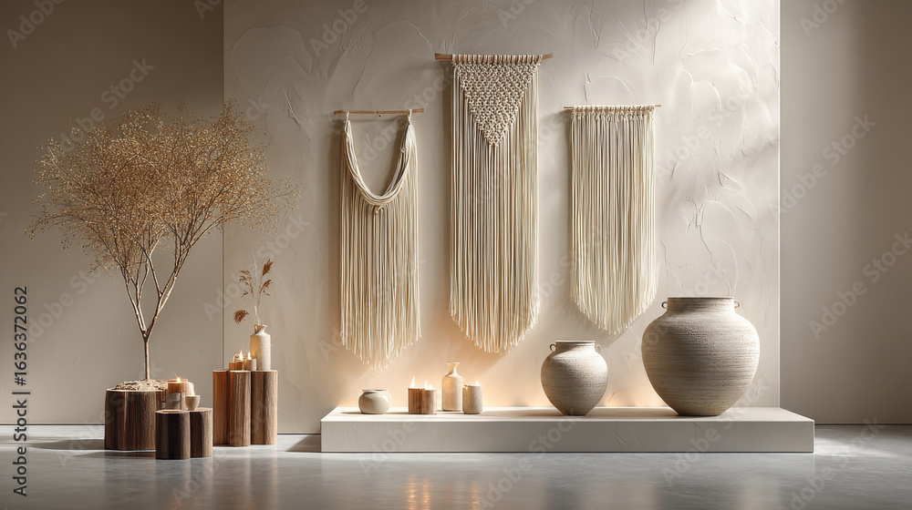 Fototapeta premium Elegant macrame wall art complements a cozy, neutral interior with warm light and stylish design.