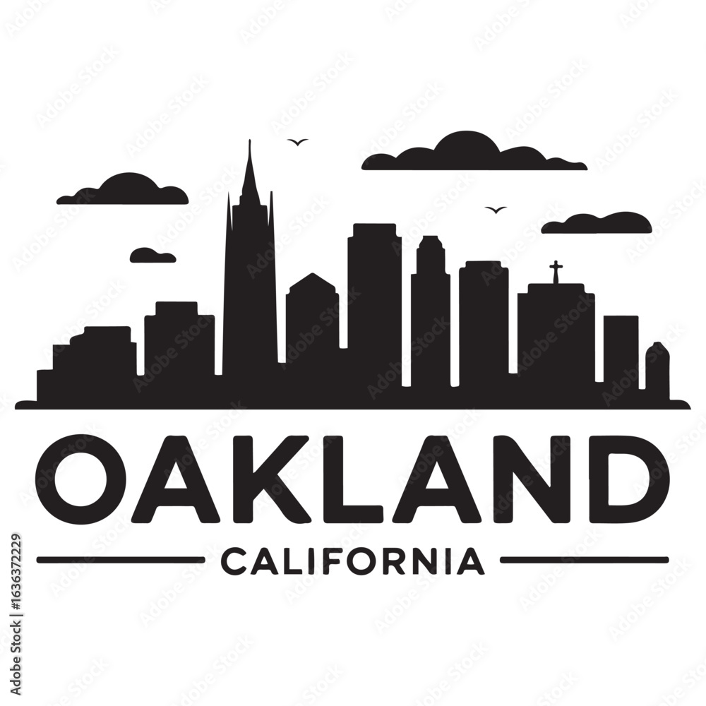 Obraz premium Oakland skyline horizontal banner. Oakland, California. Vector template for your design. Vector black silhouette. with white background.