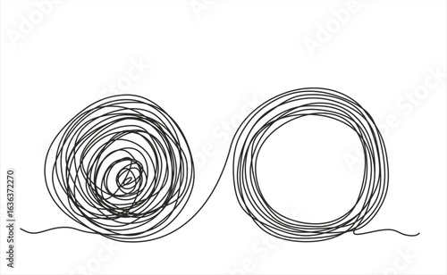 Chaos and order abstract minimalist concept vector illustration. Metaphor of disorganized difficult problem, mess with black single continuous tangle thread in need of unraveling. Hand drawn 